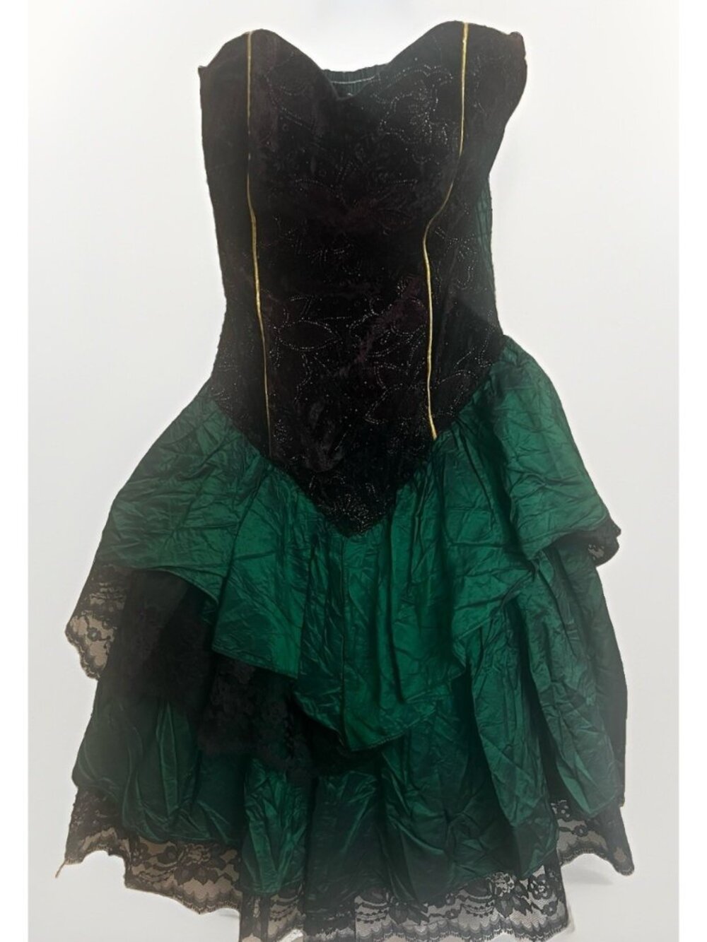 VTG 80s S Teal Black Prom Dress Tiers Ruffle Strapless Baddie Fairy Grunge.    H